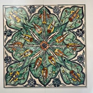 Vintage Set of 6x6 Ceramic Tiles, Hand-painted Middle East Floral Design